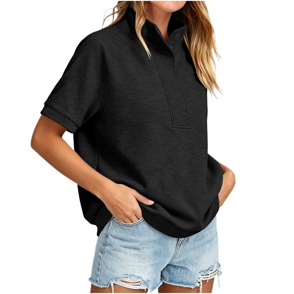 Women's Short Sleeve Sweatshirt Half Snap Button Stand Collar Relaxed Fit Casual Summer Pullover Vacation Outfits 2026