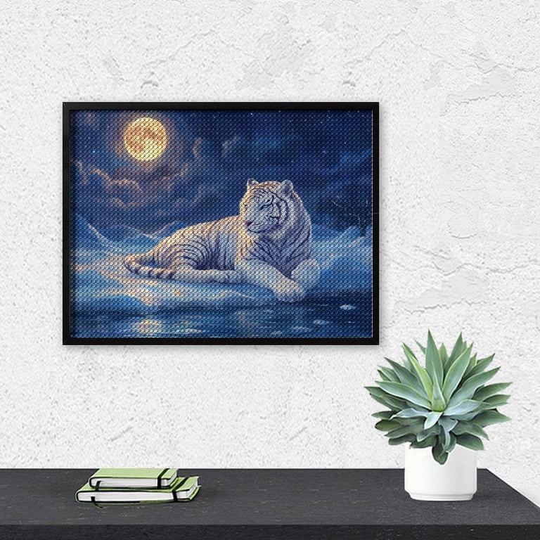 Diamond Art Kits for Adults, White Tiger Under Full MoonDiamond