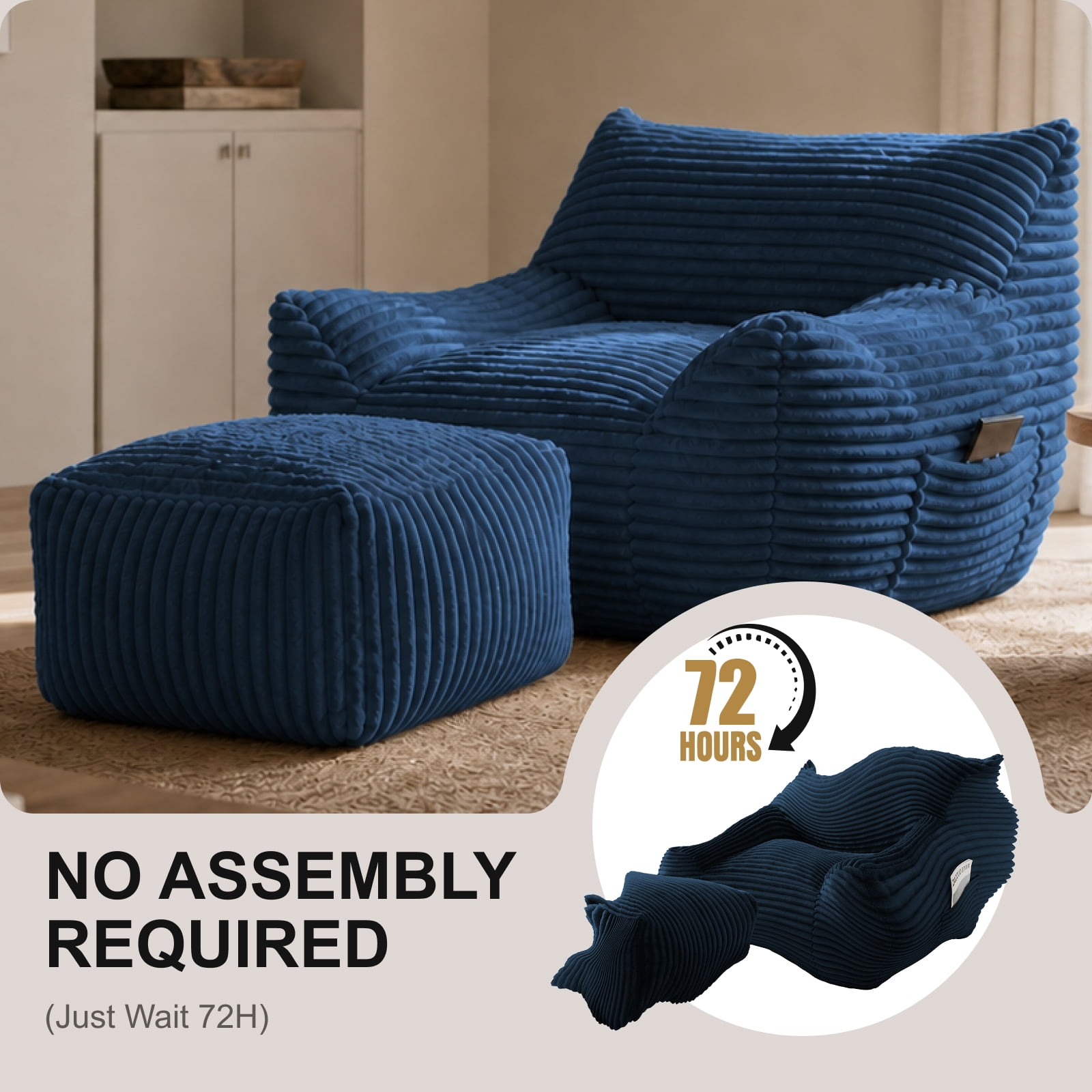 41.7" Oversized Bean Bag Chair with Ottoman, Living Room Lazy Sofa for Bedroom & Dorm