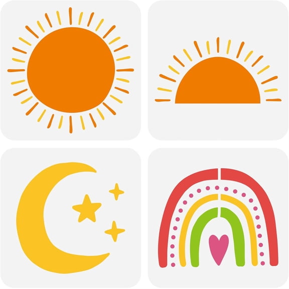 4 pcs Boho Sun Stencil for DIY Drawing 7.9x7.9inch Reusable Sun Moon Star Painting Stencil DIY Craft Art Rainbow Pattern Stencil for DIY Wall Wood Furniture Scrapbook Painting