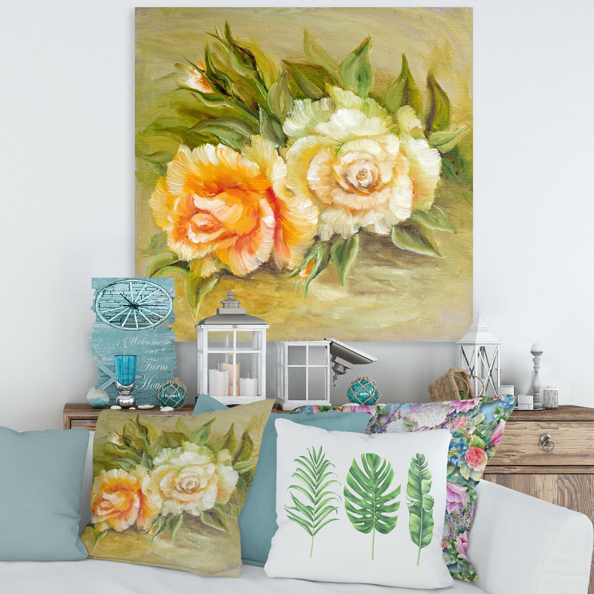 Designart ' Vintage Yellow and White Roses ' Traditional Canvas Wall Art Print