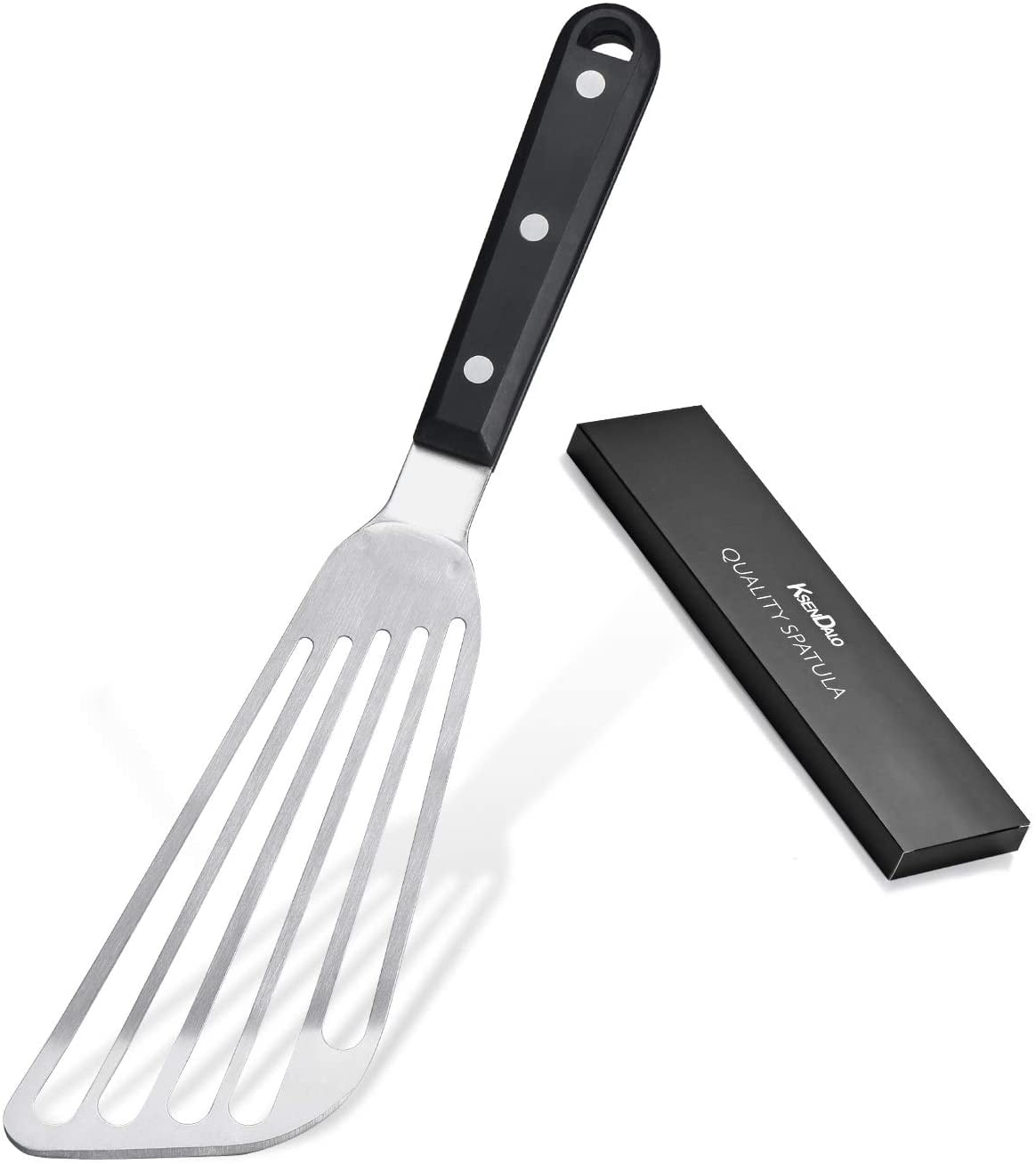 Lightweight but sturdy Turner KSENDALO Wide Thin Slotted Nylon Spatula with Brushed Stainless Steel Handle 1