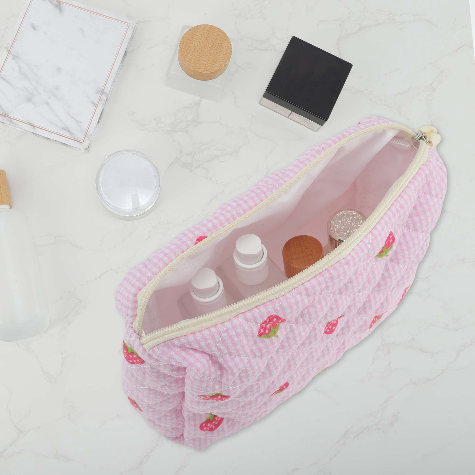 Unique Bargains 1 Pc Strawberry Makeup Bag Pink [Quilted Stripe Strawberry Square Medium]