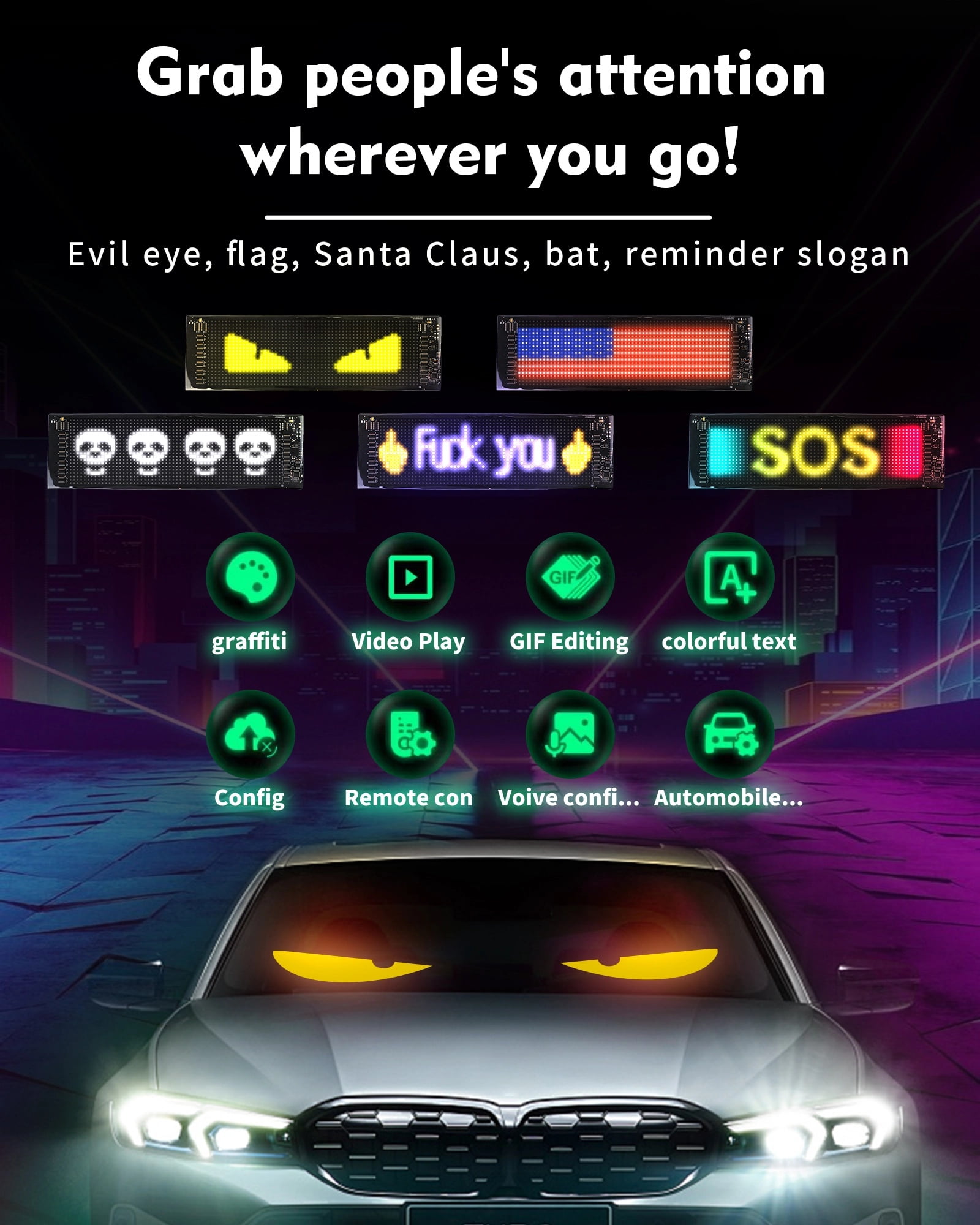 2PC Devil Eyes LED Light Strips for Cars/Trucks/SUVs - 19.3"x4.3" Customizable Windshield Decoration with App Control, IP68 Waterproof, USB-Powered