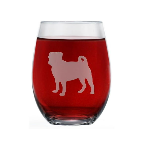 Pug Stemless Wine Glass (One Glass) - Unique Gift for Dog Lovers - Hand Etched with Breed Name on Bottom