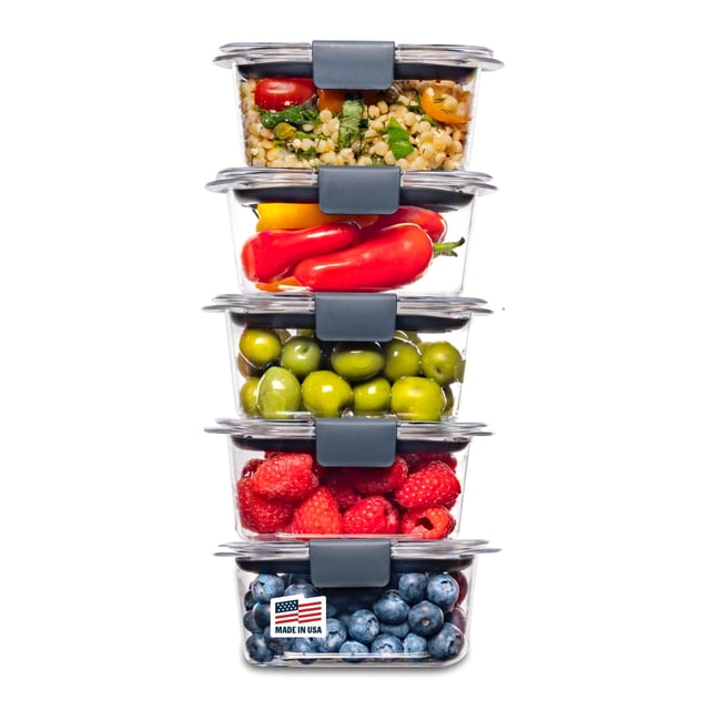 Rubbermaid Brilliance Recipientes de almacenamiento de alimentos con tapas para almuerzo, preparación de comidas y sobras, aptos para lavaplatos, 1.3 tazas, transparente/gris