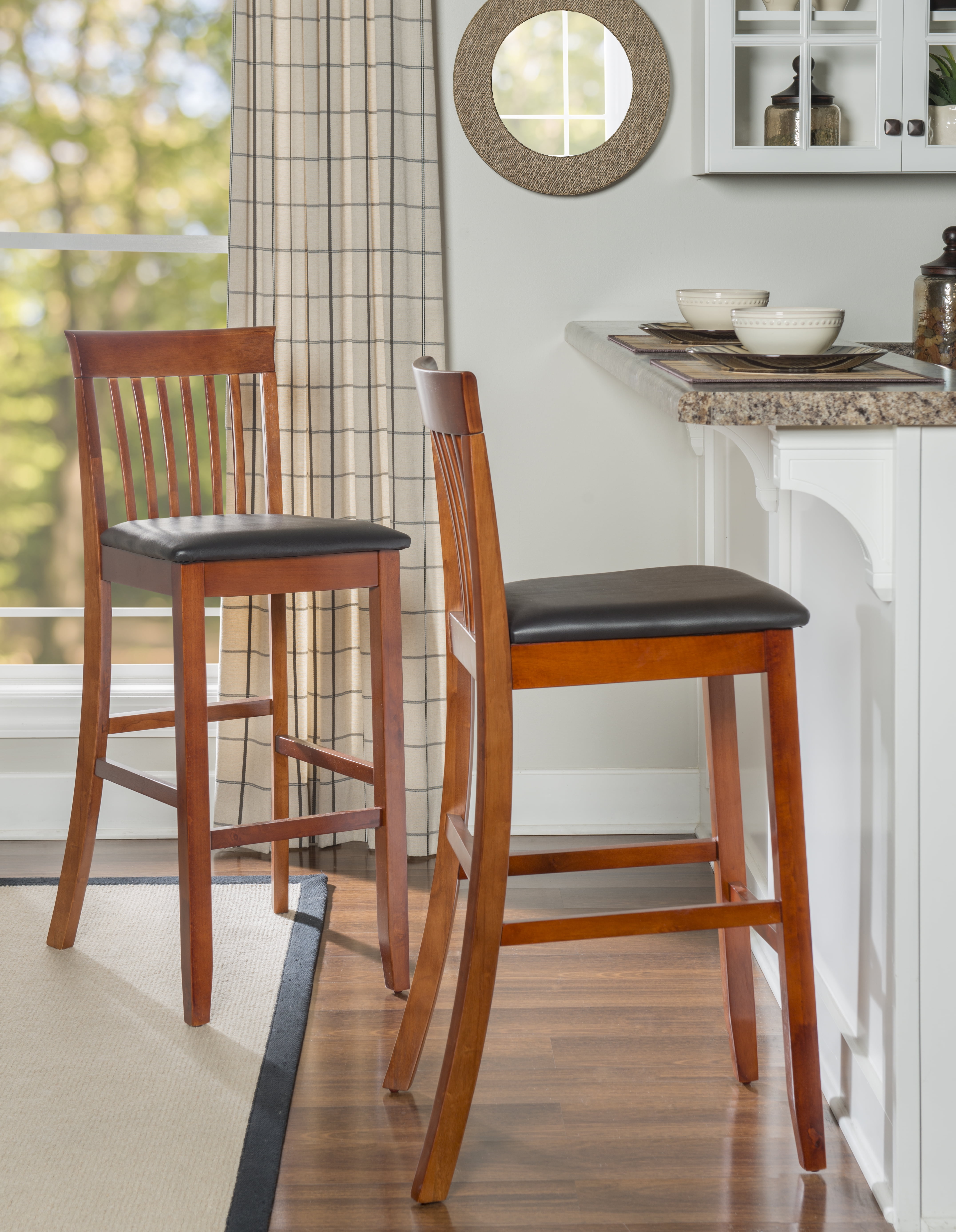 Linon Triena Wood Craftsman 31" Mission Back Faux Leather Bar Stool in Cherry