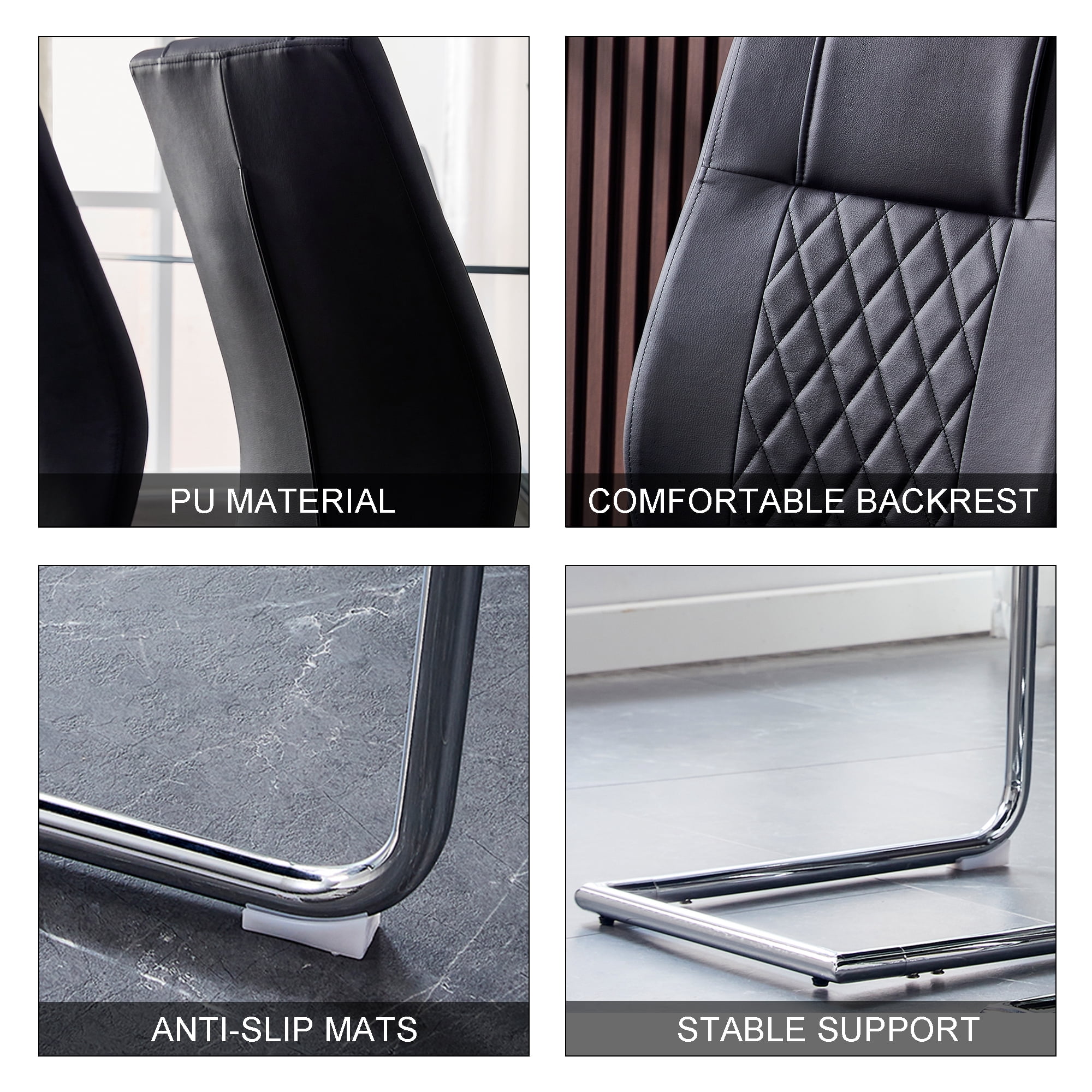 NYEESS Set of 4 Black High Back Dining Chairs Armless with Waterproof Faux Leather Upholstered Seat Chrome Metal Legs for Kitchen Dining Room