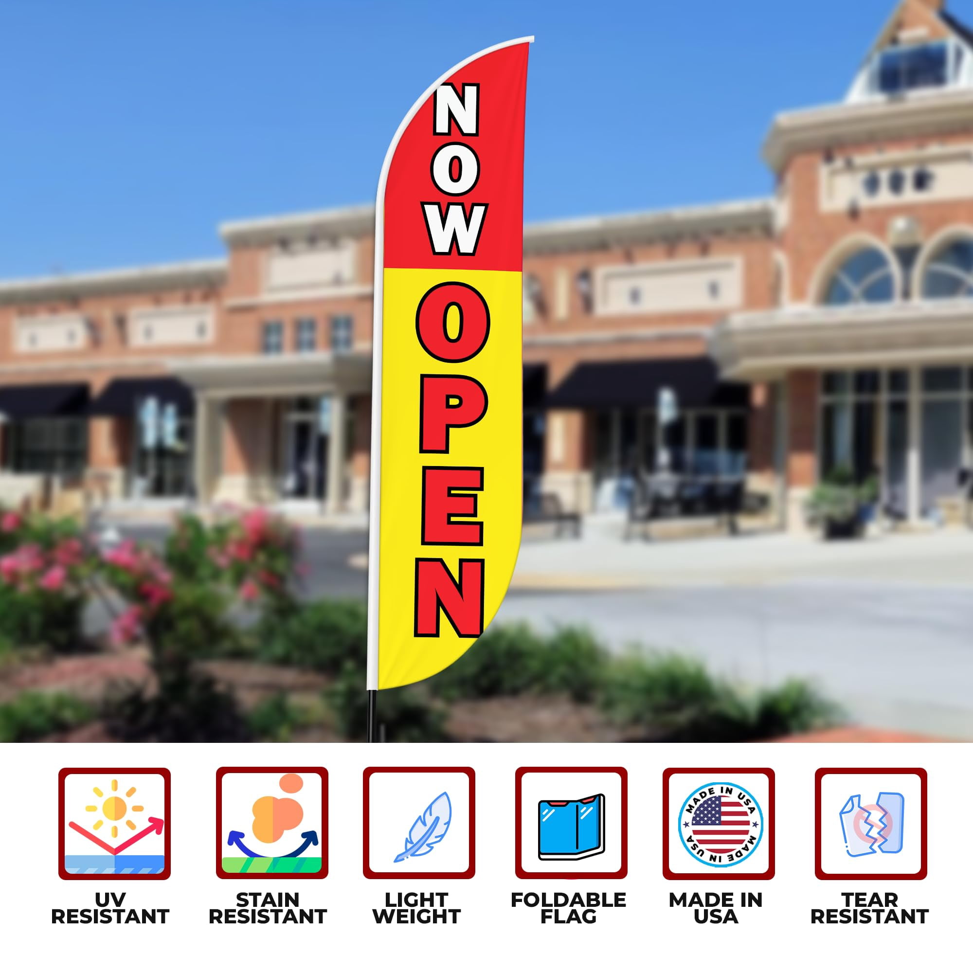 Now Open Feather flag for Outdoor by Mavis Print | 11.5 FEET Long Polyester Outdoor Banner Flag for Easy Hang | HD Print Swooper I Flag Only for Business Advertising | Made in USA I Flag Only