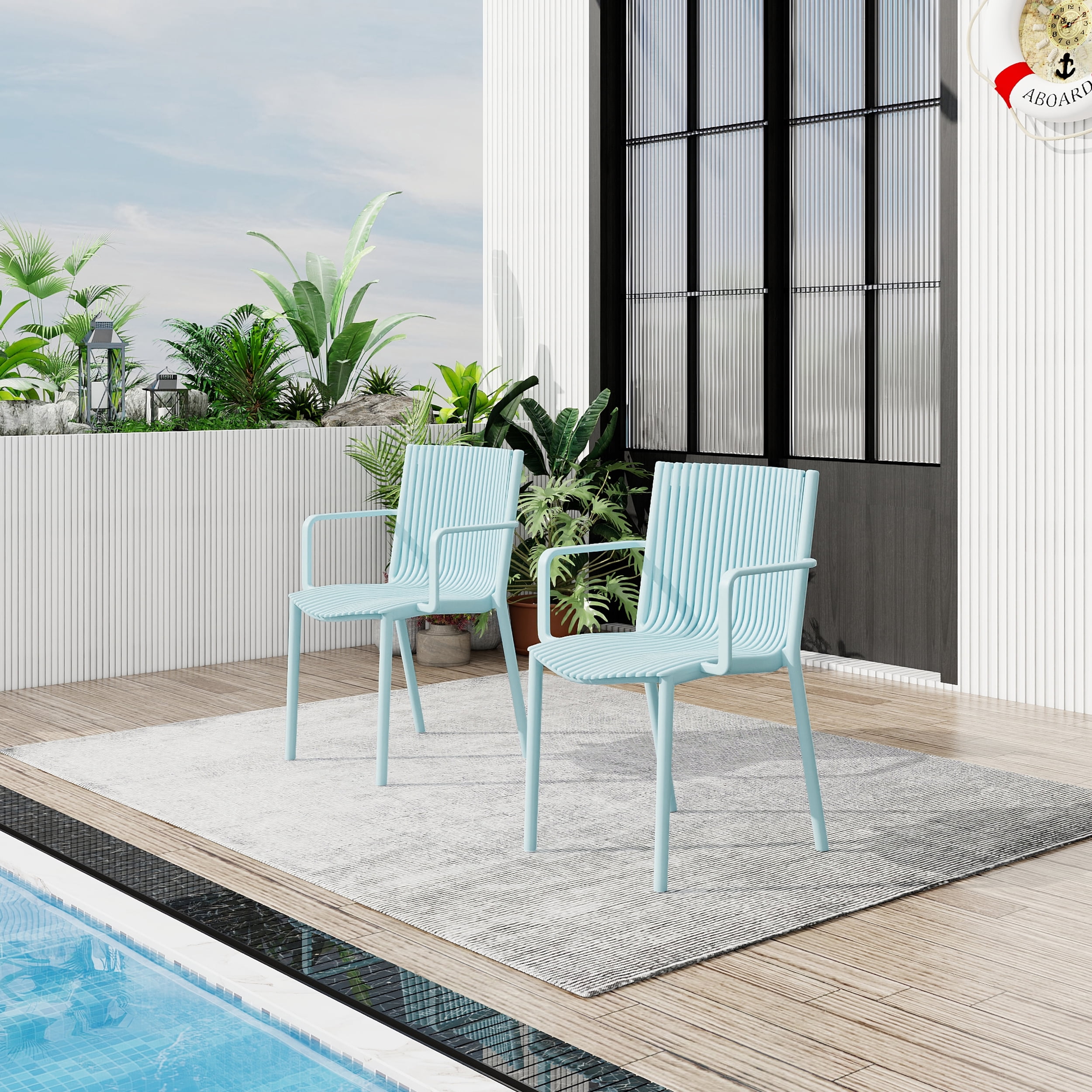 Plastic Armchair, 4 Pack Stackable Ergonomic Chair for Garden Patio Balcony Outdoor Use, Light Blue