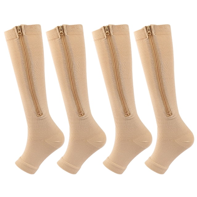 CSChome Women Zipper Compression Socks 2 Pairs Women Men Side Zipper Compression 15-20 mmHg Open Toe Knee High Support Varicose Vein Run