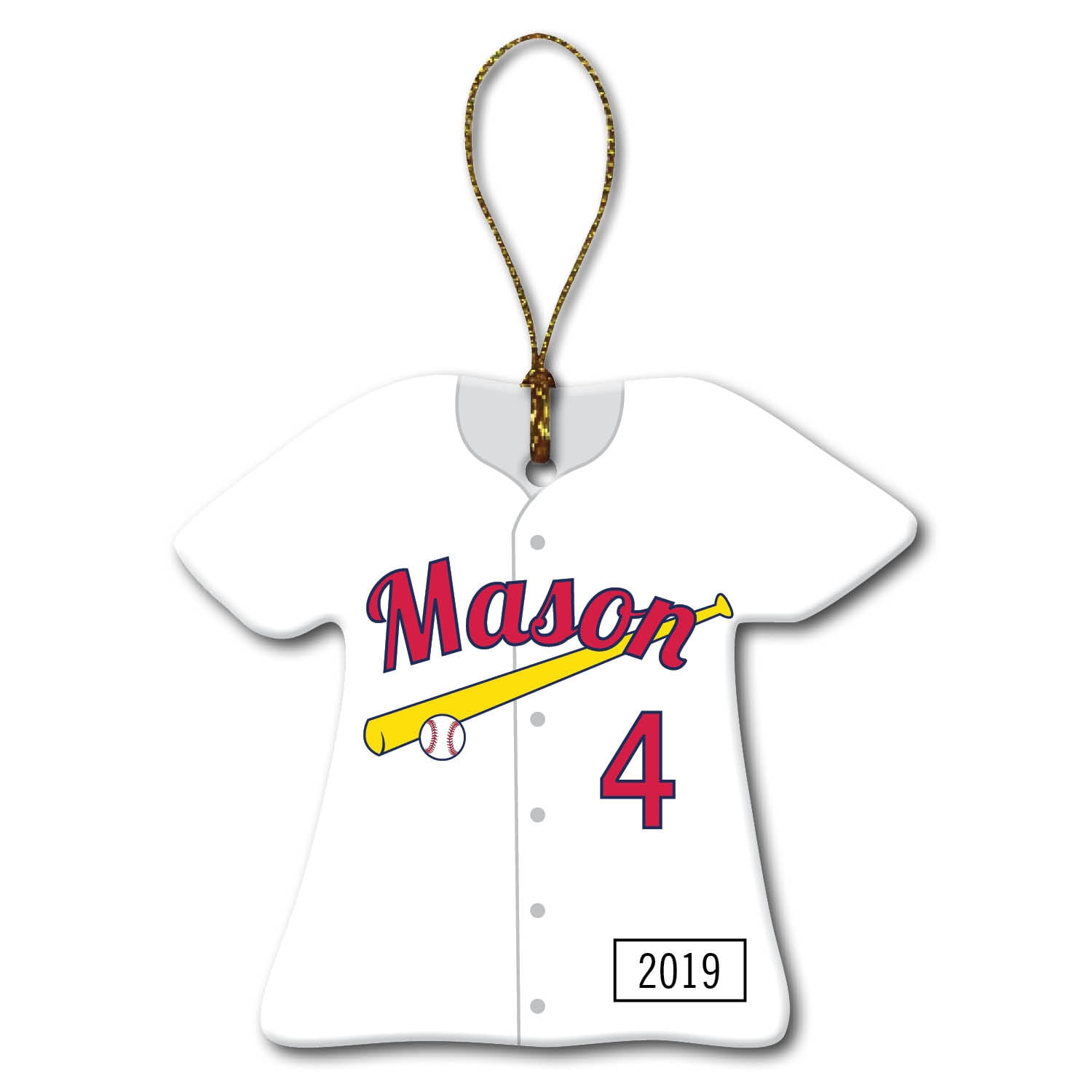 Personalized Baseball Jersey Christmas Tree Ornament, Red/Yellow Bat