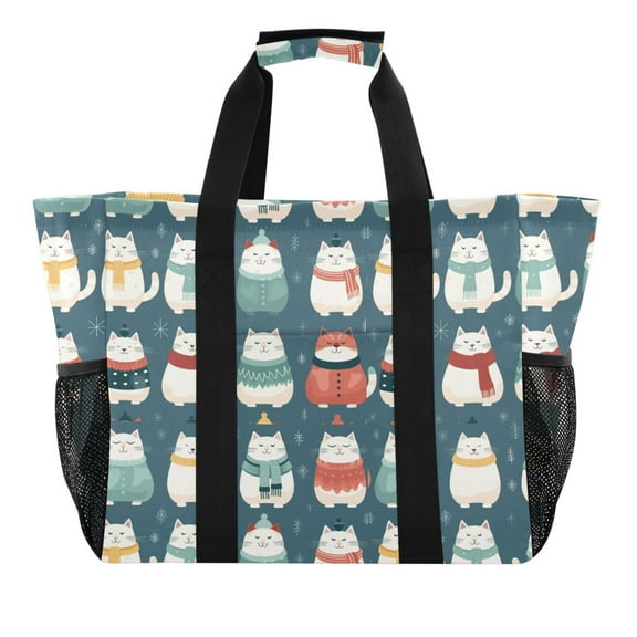 Cat with Winter Clothes Reusable Grocery Bags with Handle Side Pocket Waterproof Shopping Portable Tote