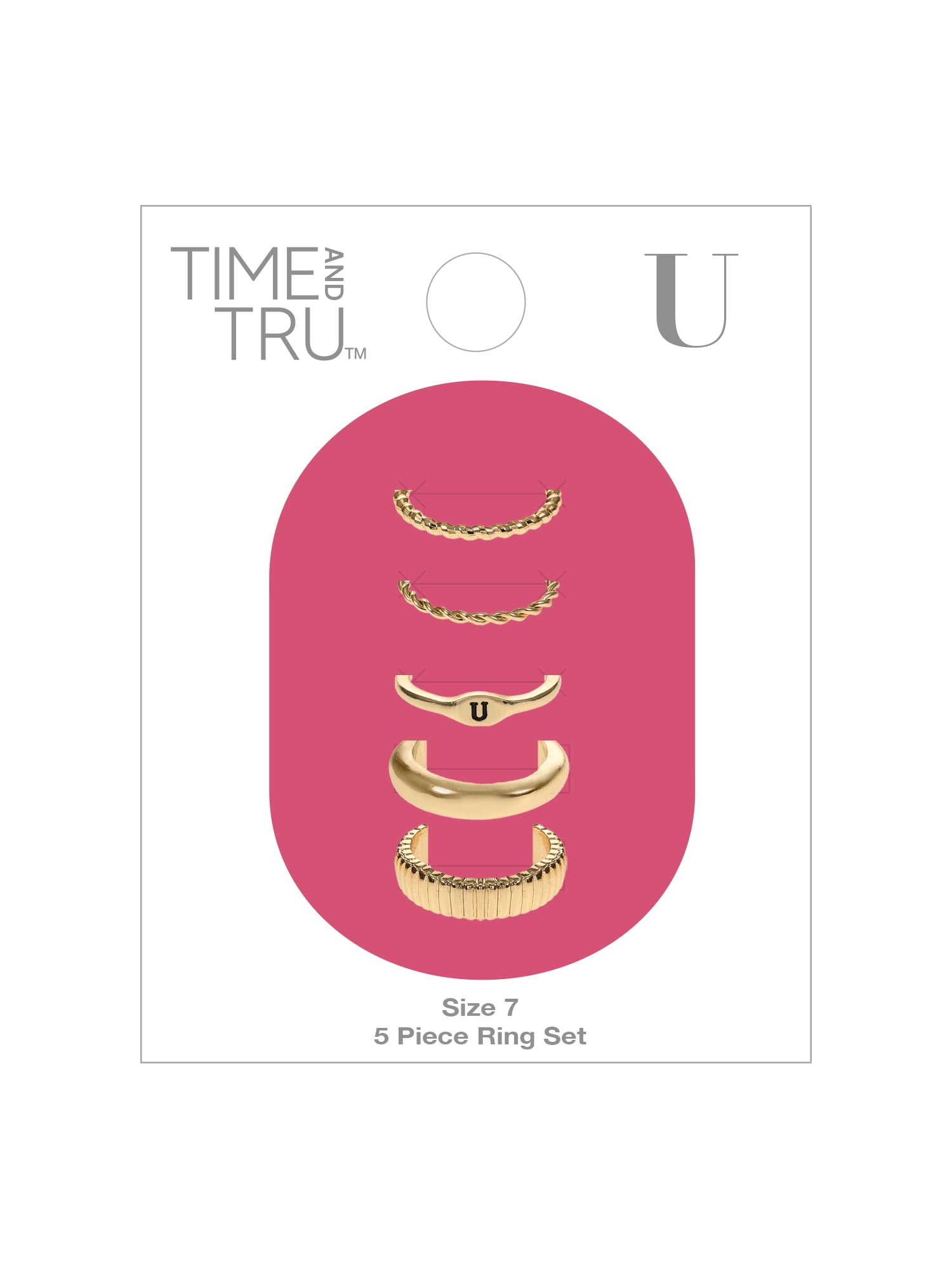 Time and Tru Goldtone Initial Letter Ring Set, 5 Piece, Size 7, Letter U