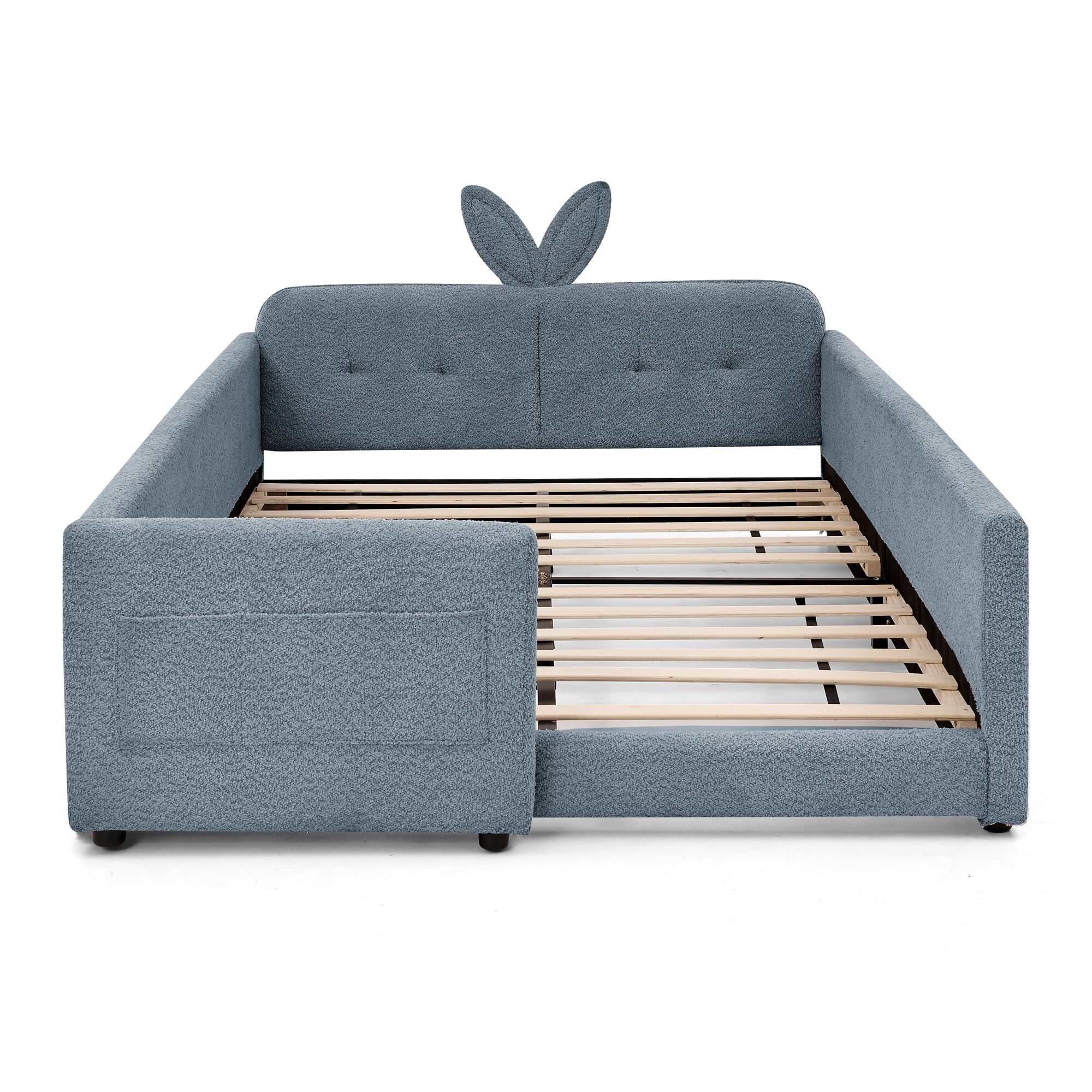Oufan Full Size Platform Bed w/ Rabbit Ear Shaped Headboard, Boucle Bed Frame w/ Safety Rail & Wooden Slats Support for Girls, No Box Spring Needed