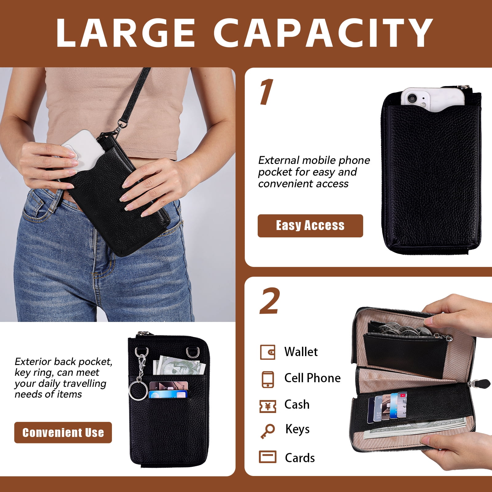 Egoelife Leather Crossbody Phone Bag - Trendy Shoulder Purse with Card Slots, Large Capacity Mini Clutch Wallet for Women & Men