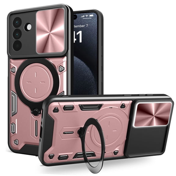 for Samsung Galaxy S26 Rugged Case, Case with Ring Holder Stand, Camera Lens Sliding Cover, Support Magnetic Car Mount Holder, Shockproof Protective Case for Samsung Galaxy S26, Pink