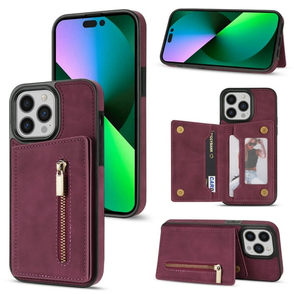 SaniMore for iPhone 15 Pro 6.1" 2023 Back Case with Zipper Card Pokcet Flip Wallet/Kickstand Shock Absorption Anti-fall Retro PU Leather Wear-resistant Shell for iPhone 15 Pro, Winered
