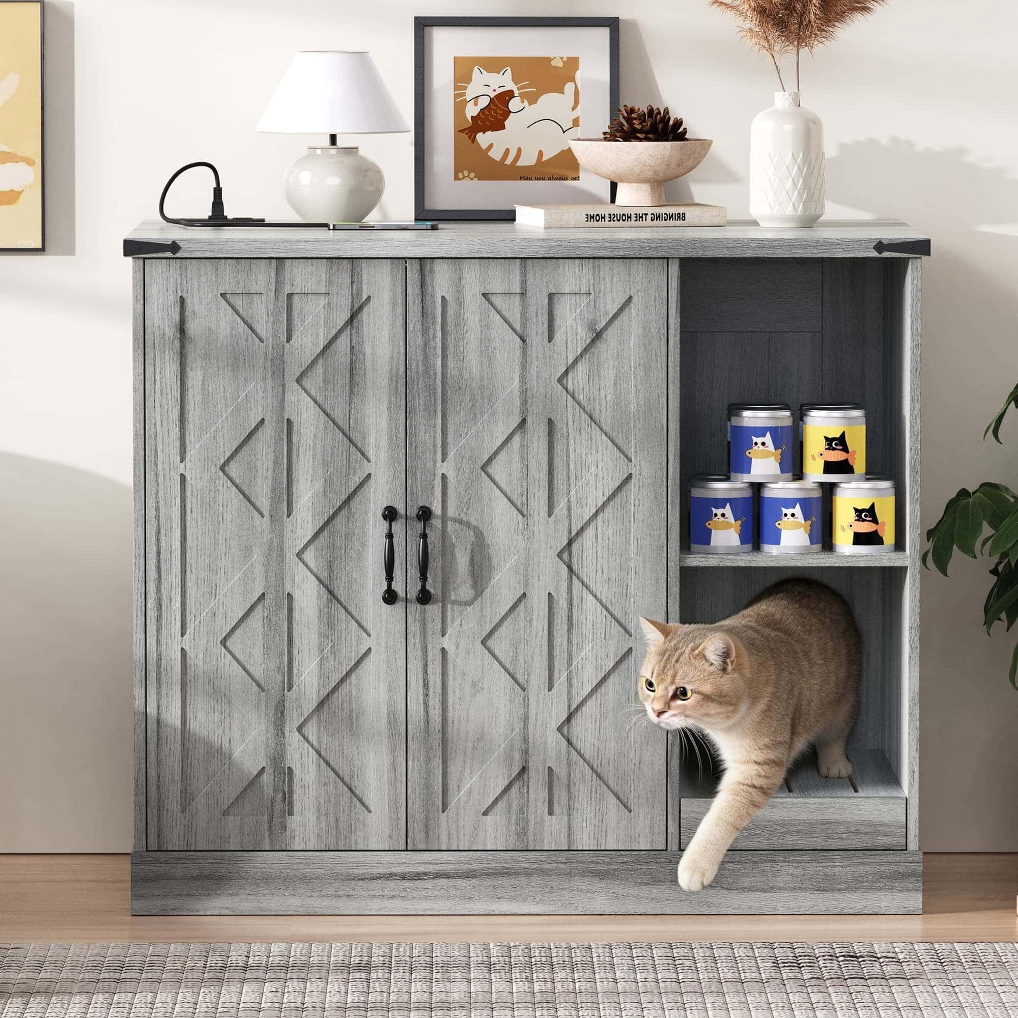 Cat Litter Box Cabinet with Power Outlet, Hidden Litter Box Enclosure for Automatic Litter Boxes, with Litter Catcher and Adjustable Storage Shelves, Gray