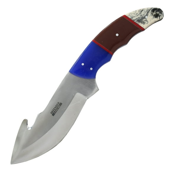 Defender-Xtreme 9"" Blue/Brown/White Resin Handle Gut Hook Blade Hunting Knife With Leather Sheath
