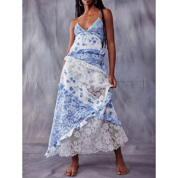 Blue Floral Lace Patchwork Maxi Sundress With Spaghetti Straps And Ruffled Layers
