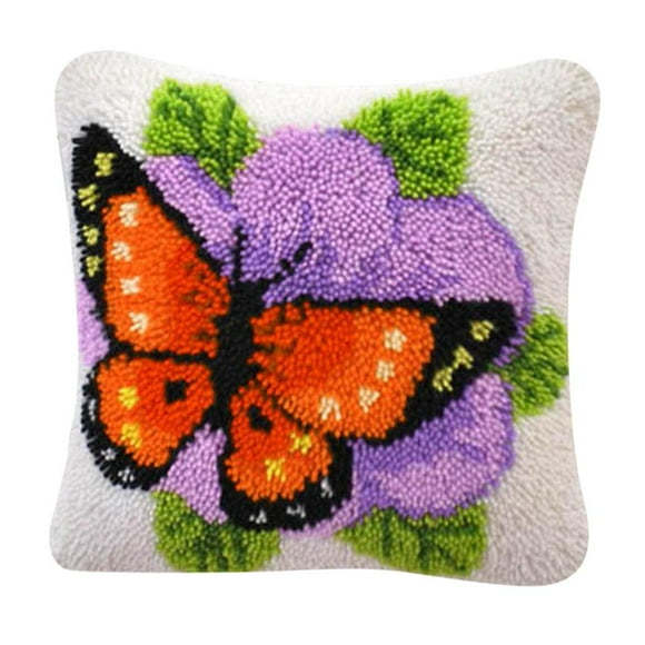 DIY latch and hook Kits Throw Pillow Cover Cute Butterfly Floral Pattern Printed 16X16 inch, Crochet Needlework Crafts for Kids and Adults