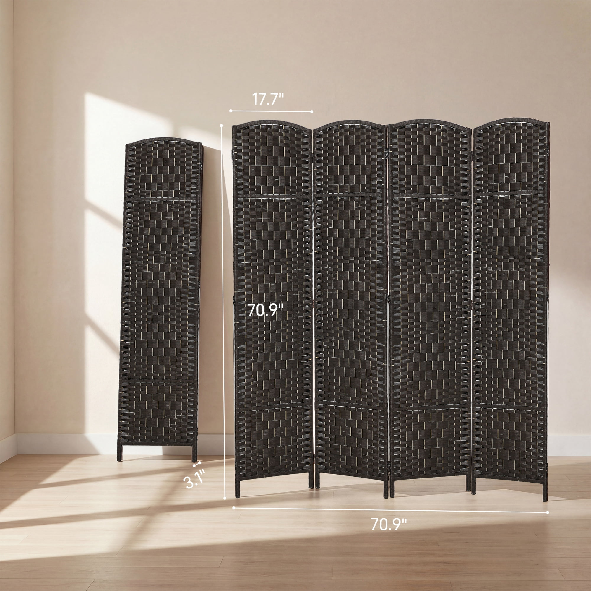 HOMCOM Room Divider, 4 Panel Folding Privacy Screen, 70.9" Tall Portable Wicker Weave Partition Wall Divider for Bedroom, Home Office, Coffee