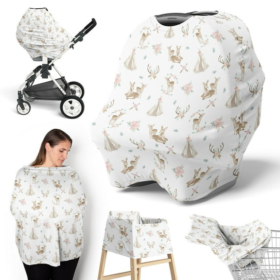 Sweet Jojo Designs Deer Floral Pink Green and White Multi Use Baby Car Seat and Nursing Cover