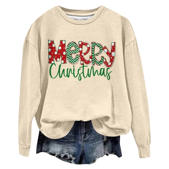 Gkeoshab Sweatshirt Women's "Merry Christmas" Graphic Print Hooded Sweatshirt with Festive Tree Design, Soft Fleece Pullover for Holiday Gatherings and Seasonal Comfort Wear Beige L