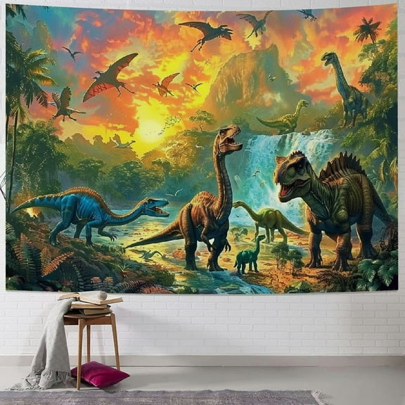 JRXY Dinosaur Decor Tapestry for Bedroom, Dino Forest Anicient Animals Fairytale Tapestries Wall Hanging for College Dorm Home, Funny T-Rex Poster Blanket Painting