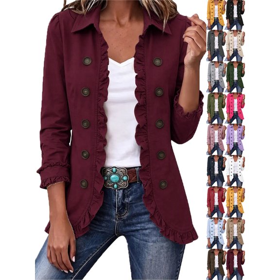 Jackets for Women Casual Ruffle Detail Double Breasted Shirt Jacket - Versatile Long Sleeve Open Front Top for Spring/Fall Layering