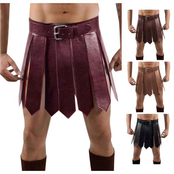 Unir Men’s Casual Medieval Gladiator PU Leather Skirt With Wrist Cuffs Adjustable Waistband For Halloween, Renaissance‑Party And Themed‑Cosplay One‑Size‑Fits‑Most