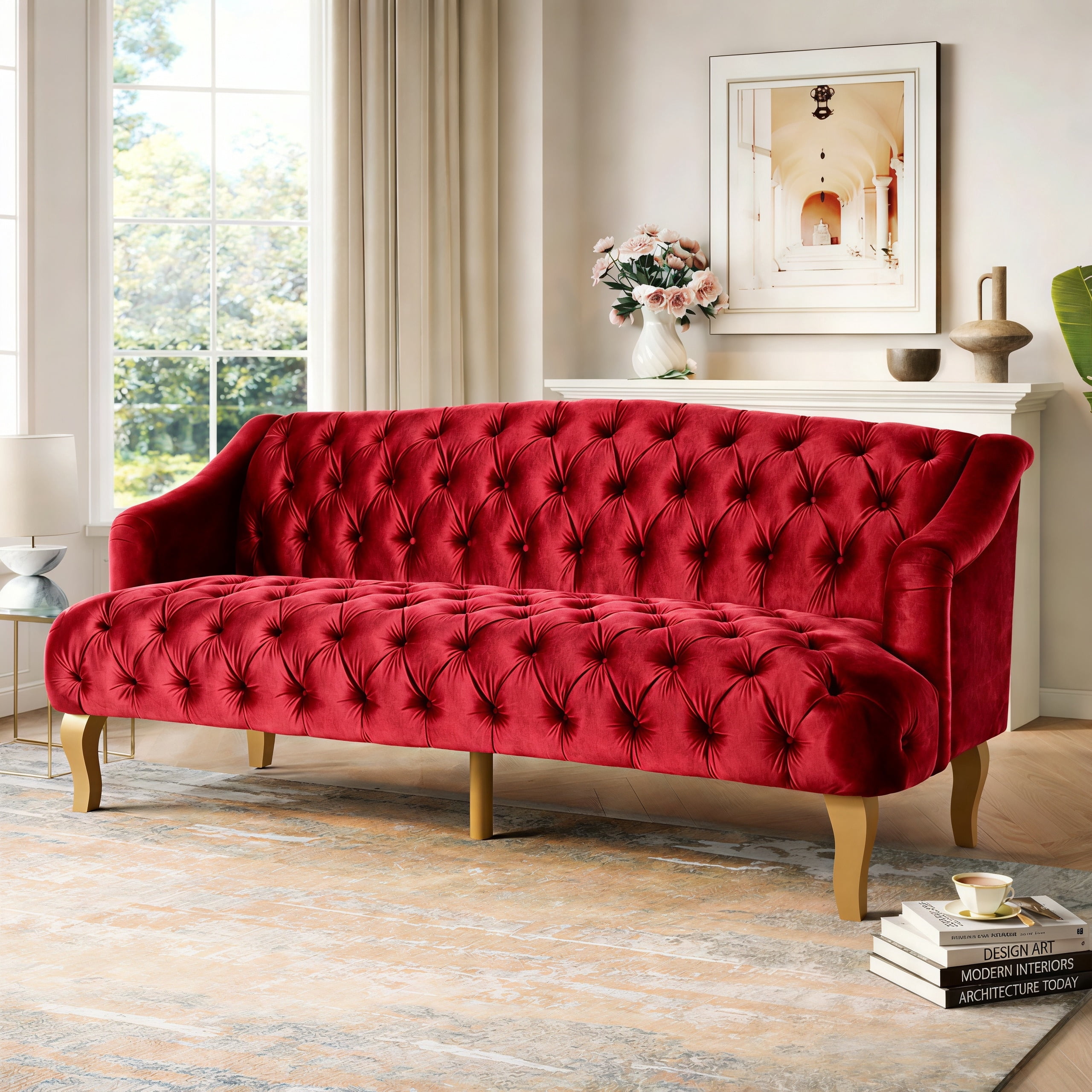 Christopher Knight Home 3-Seat Velvet Tufted Sofa, Contemporary Couch with Curved Wood Legs, Wine Red