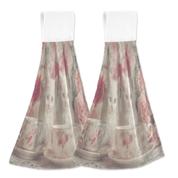 BZSMCE Hanging Hand Towels Fashion Kittens Teacups Roses Pattern 2-Pack - Velcro Style Bathroom Kitchen Towels