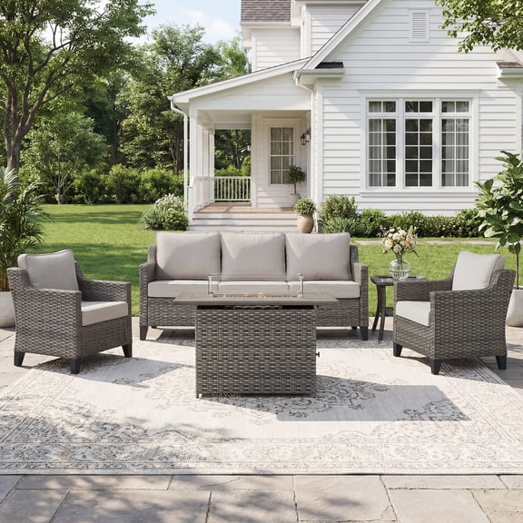 Opohoro 5 Piece Outdoor Rattan Fire Pit Set with Patio Sofa, Lounge Chairs and Rectangular Fire Pit Table, All-Weather Wicker Conversation Set for Porch, Deck, Balcony