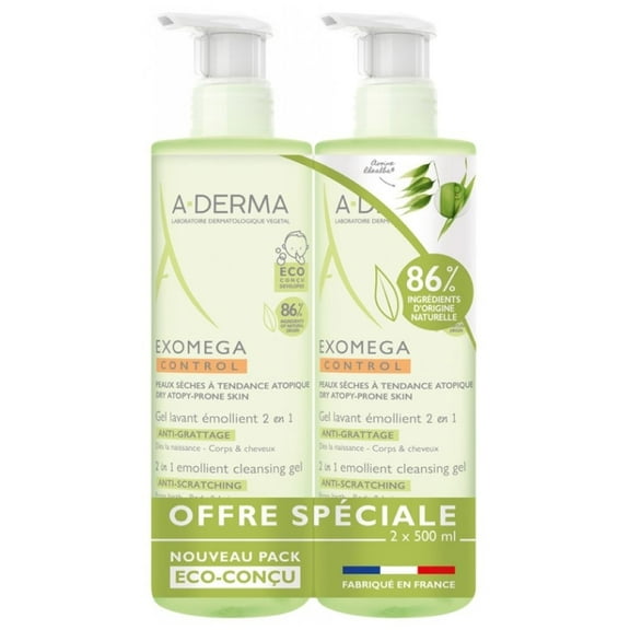 A-DERMA Exomega Control 2 Pack Anti-Scratching 2in1 Emollient Cleansing for Hair and Body Baby and Child Gel 2 x 500ml