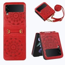 Allytech Z Flip 3 Case, Samsung Galaxy Z Flip 3 5G Phone Case, PU Leather Mandala Embossed Shockproof Protective Shoulder Strap Case Cover for Samsung Galaxy Z Flip 3 2021, Red