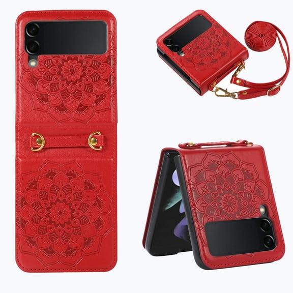 Allytech Z Flip 3 Case, Samsung Galaxy Z Flip 3 5G Phone Case, PU Leather Mandala Embossed Shockproof Protective Shoulder Strap Case Cover for Samsung Galaxy Z Flip 3 2021, Red