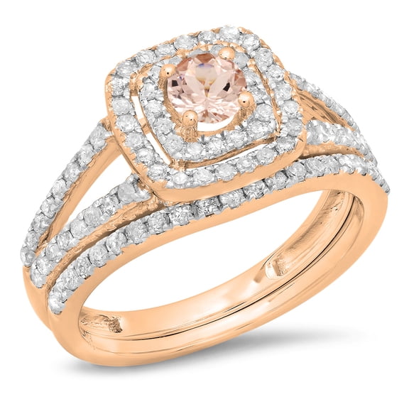 Dazzlingrock Collection 14K Morganite & White Diamond Bridal Split Shank Halo Engagement Matching Band Set, Rose Gold, Size 7.5