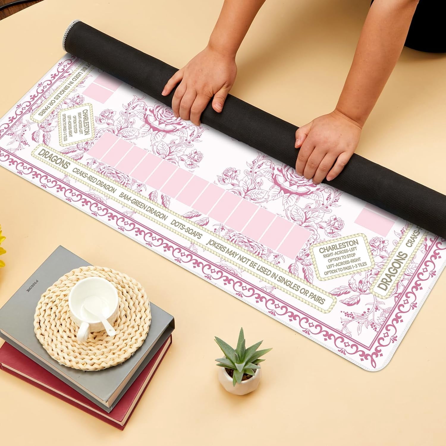 Chinoiserie Mahjong Mat with Black Carrying Bag 31.5 x 31.5 Inches Multi Purpose Game Table Cover Anti Slip and Noise Reduction for Mahjong Poker Board Card Dominoes Games(Pink)