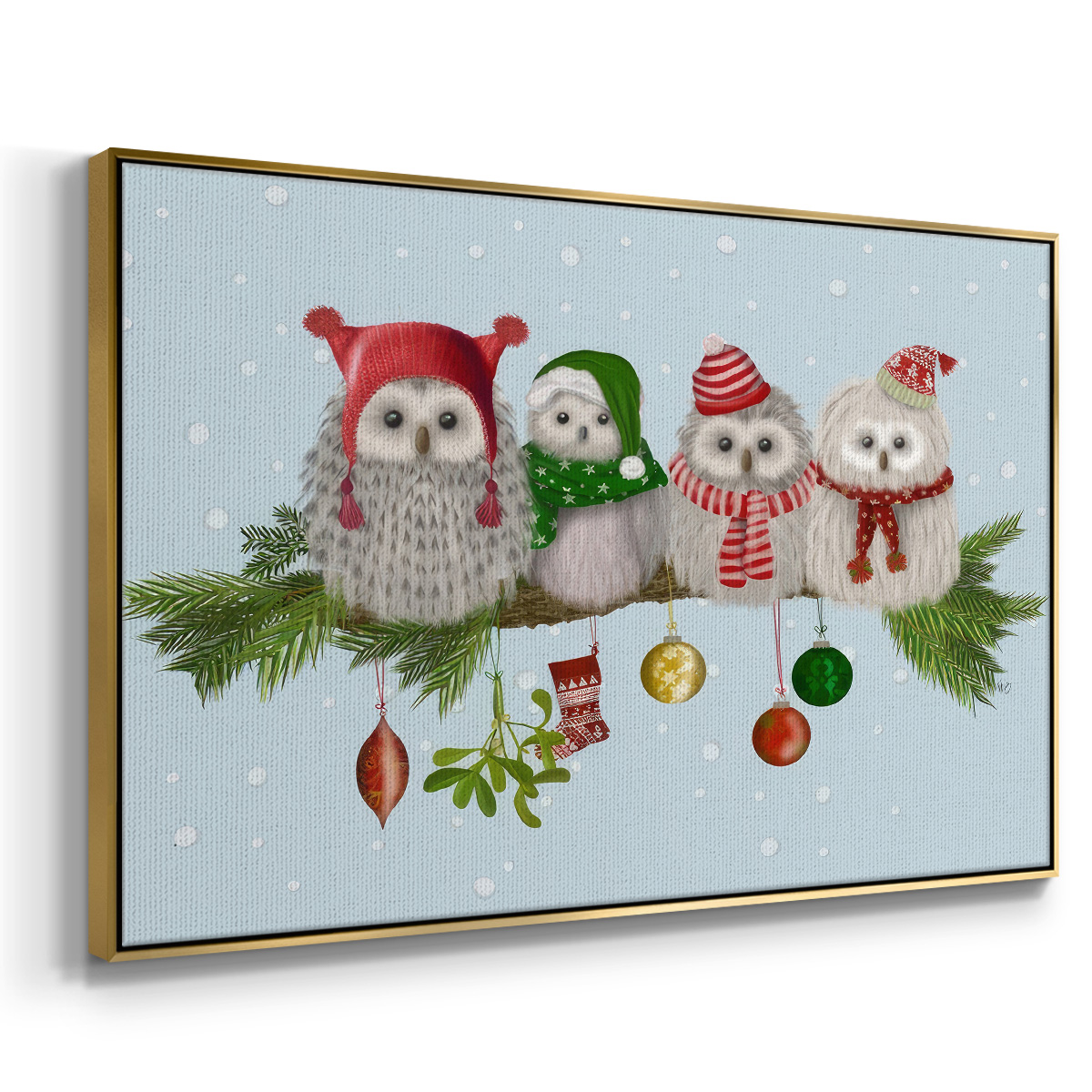 Christmas Fluffy Christmas Owls on Branch - Framed Gallery Wrapped Holiday Canvas - 27 x 41 - Gold Frame