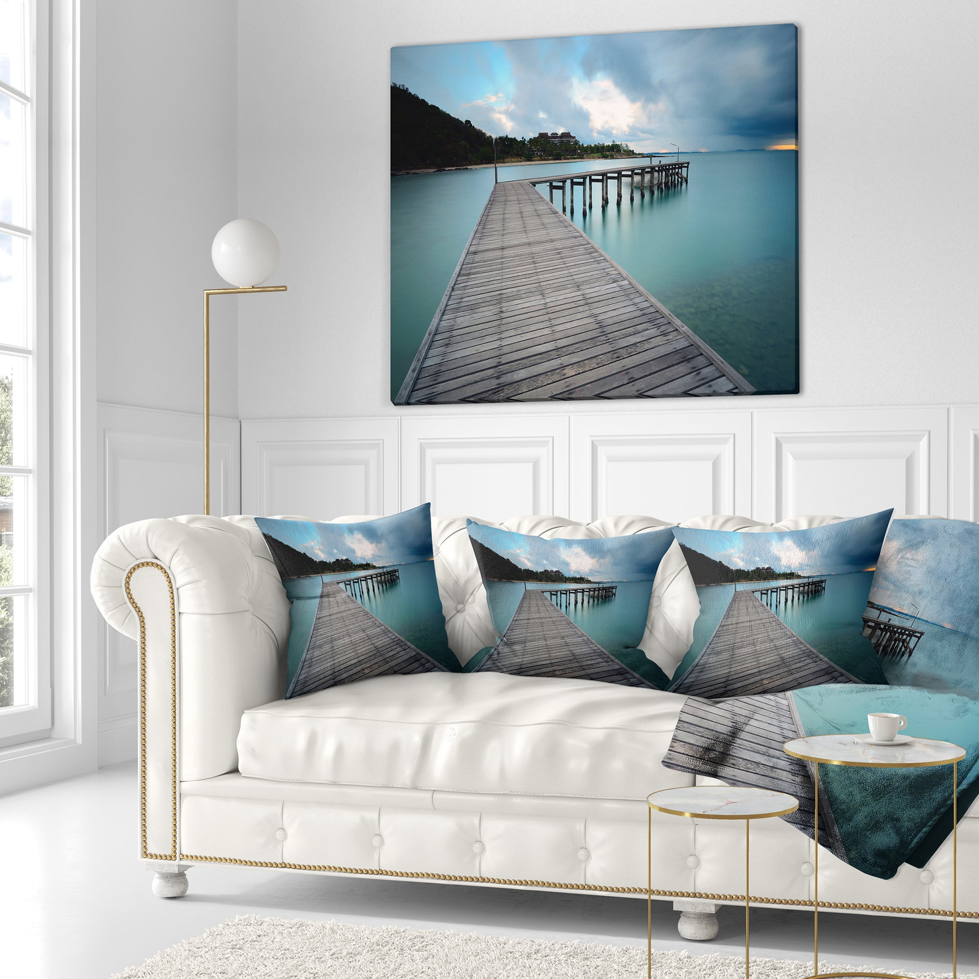 Designart Wooden Bridge to Calm Ocean - Modern Throw Pillow - 16x16