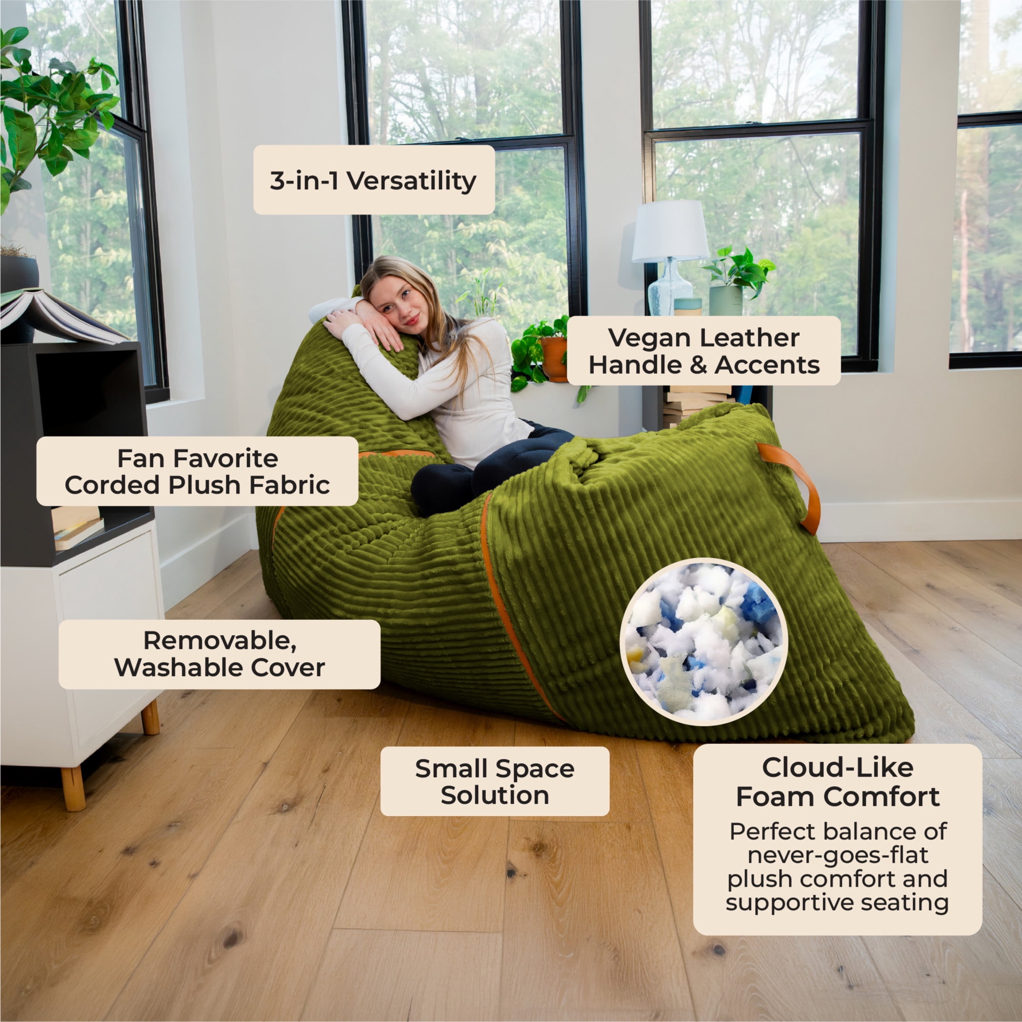 Big Joe Turnabout 3-in-1 Convertible Bean Bag Chair, Moss Green