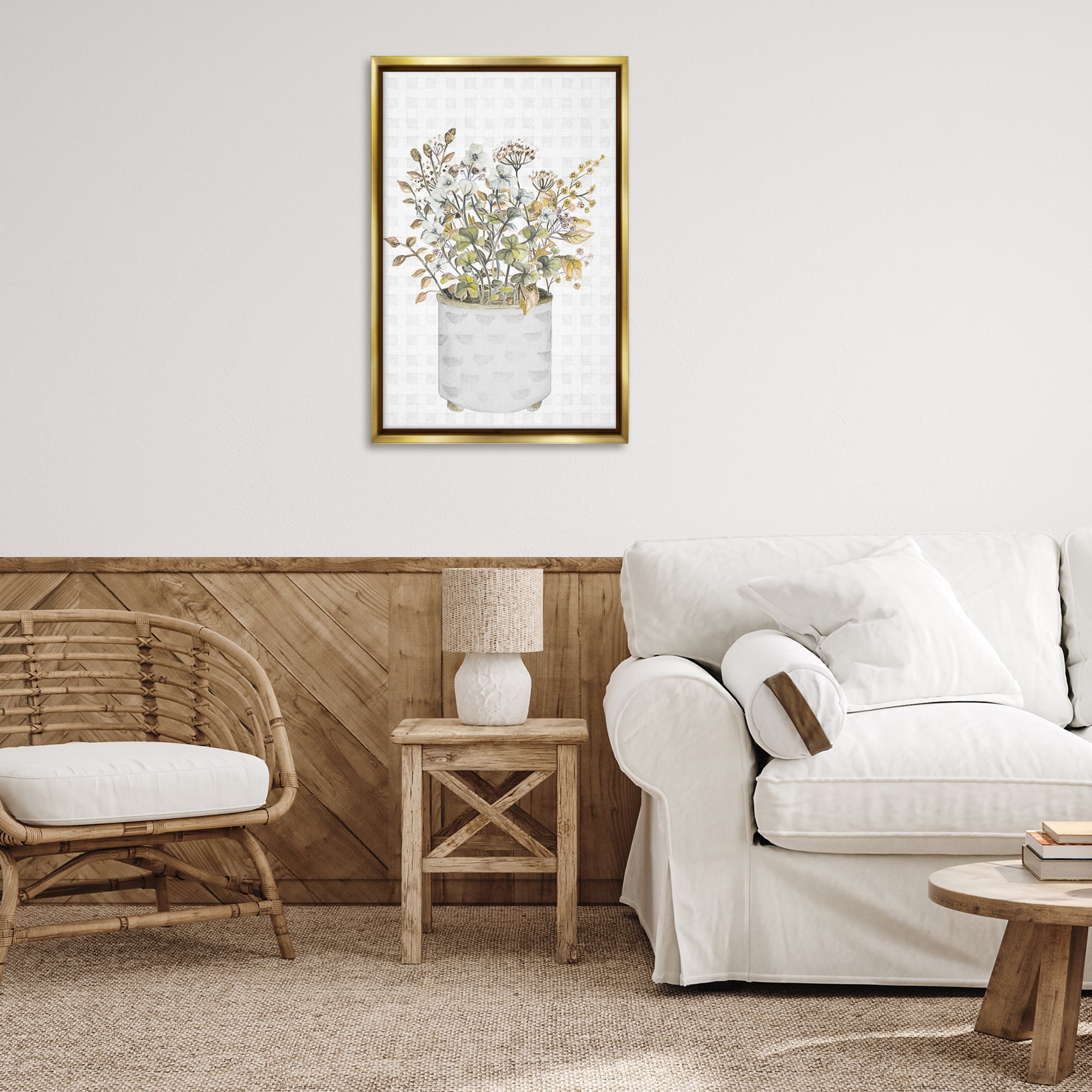 Stupell Industries Neutral Potted Wildflowers Botanical & Floral Painting Gold Floater Framed Canvas Art Print Wall Art, 21 x 31
