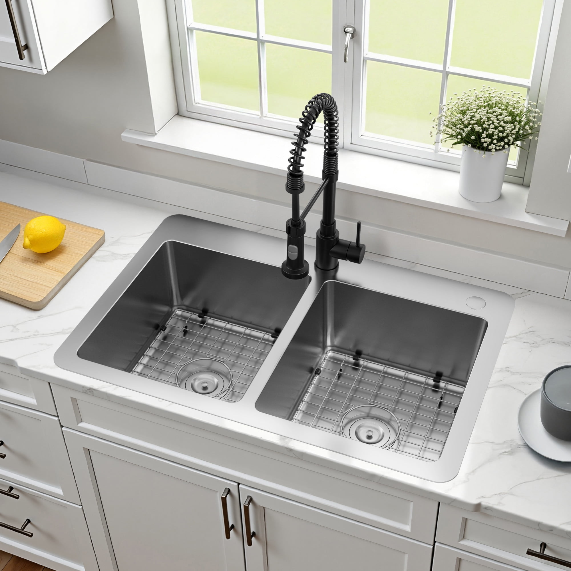 Kingston Brass GKDD332292H Calgary 33-Inch Stainless Steel Double Bowl Dual Mount Kitchen Sink with Drain in Brushed