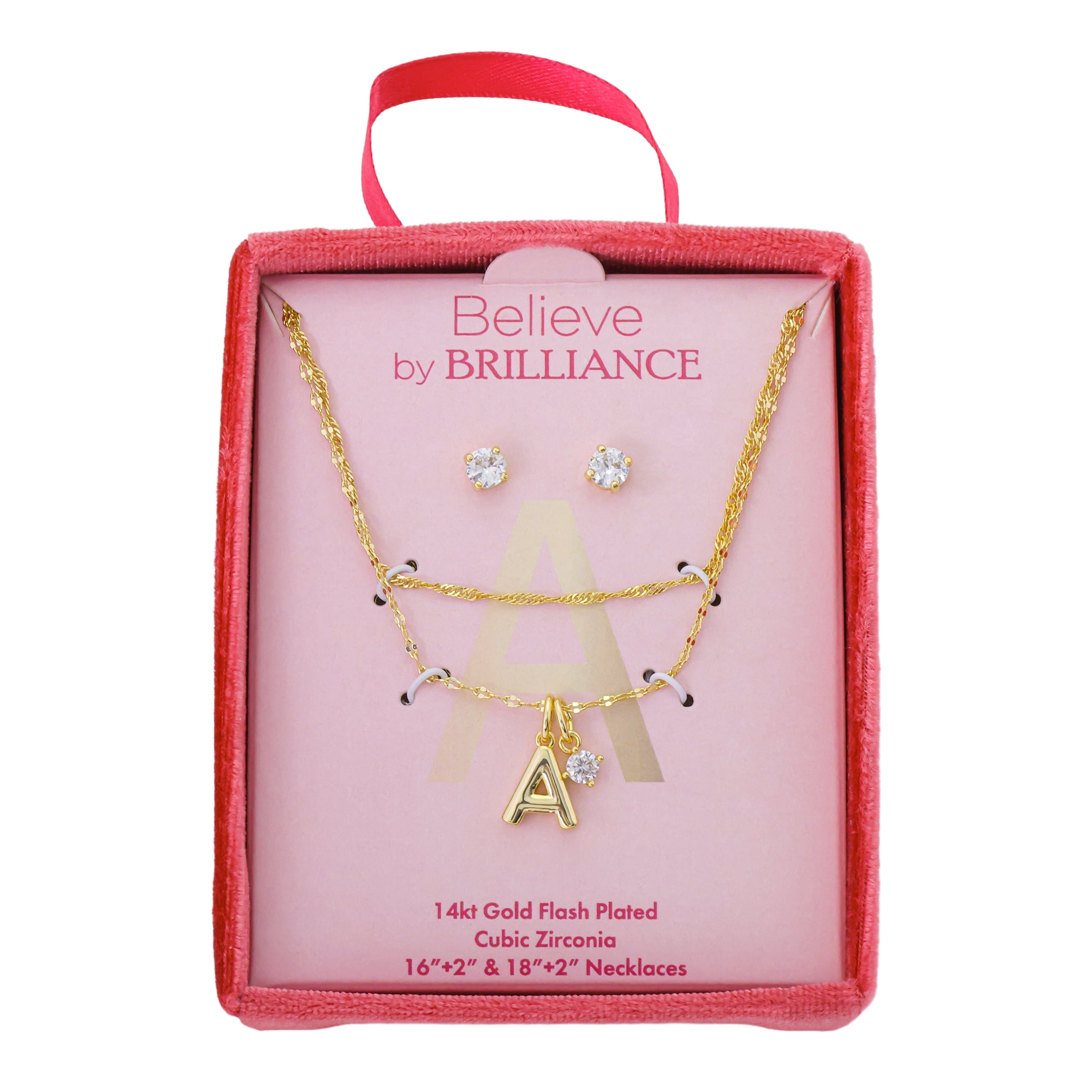 Believe by Brilliance Women's 14Kt Gold Flash Plated Initial A Slider Charm and Cubic Zirconia Charm Layered Necklace and Stud Earring Set, 16+2"/18+2"