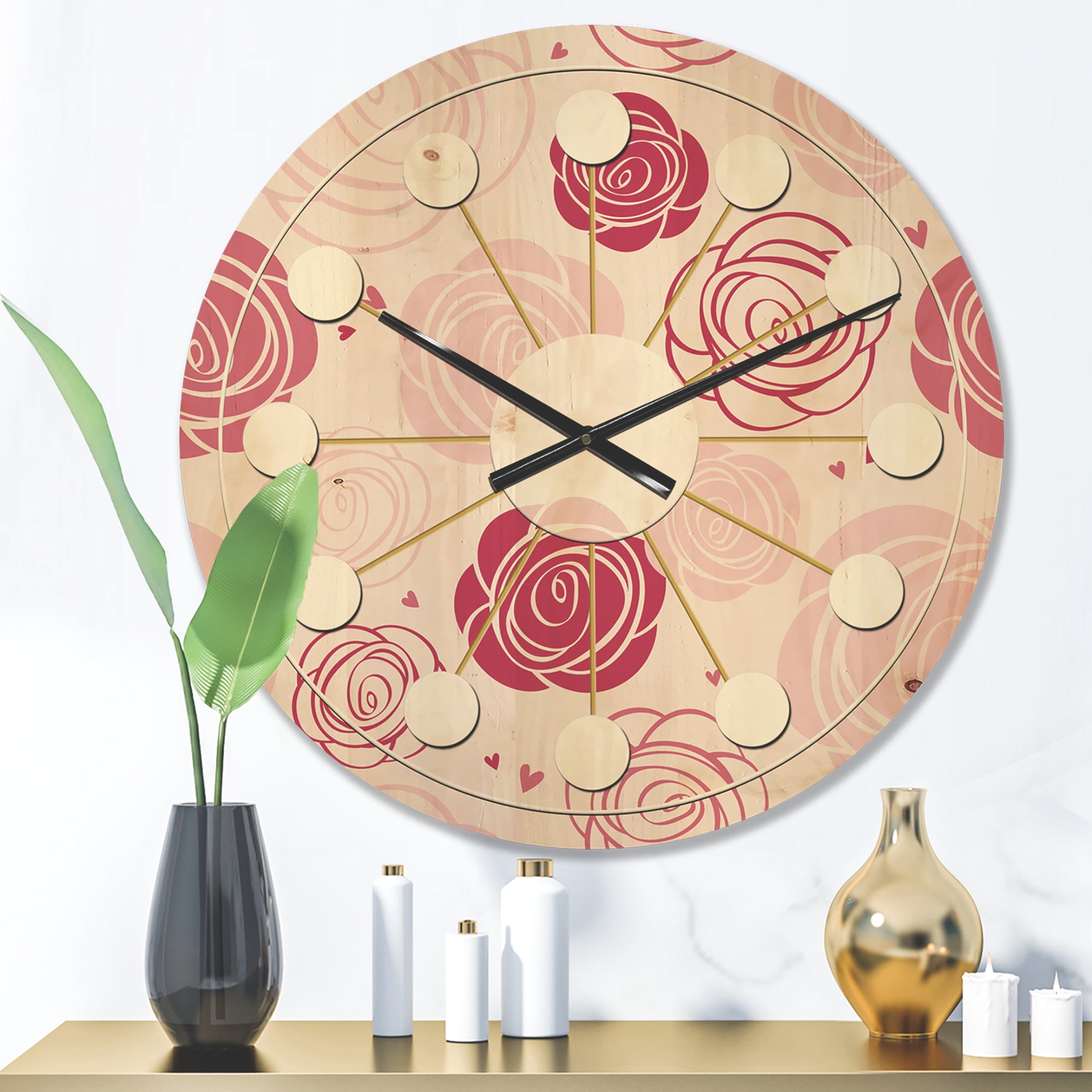 Designart 'Roses Retro Pattern' Mid-Century Modern Wood Wall Clock