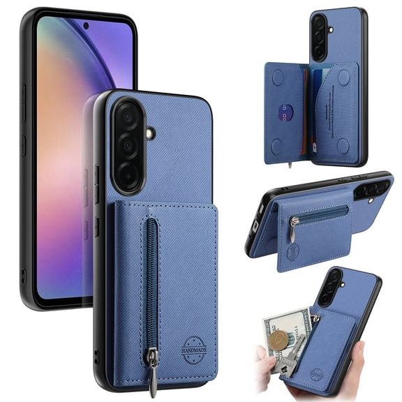 for Samsung Galaxy S26 Plus Wallet Case,Classic Denim Texture PU Leather RFID Blocking Zipper Pocket Card Slots with Kickstand,Shockproof Anti-Scratch Protective Magnetic Anti-Slip Back Case,Blue