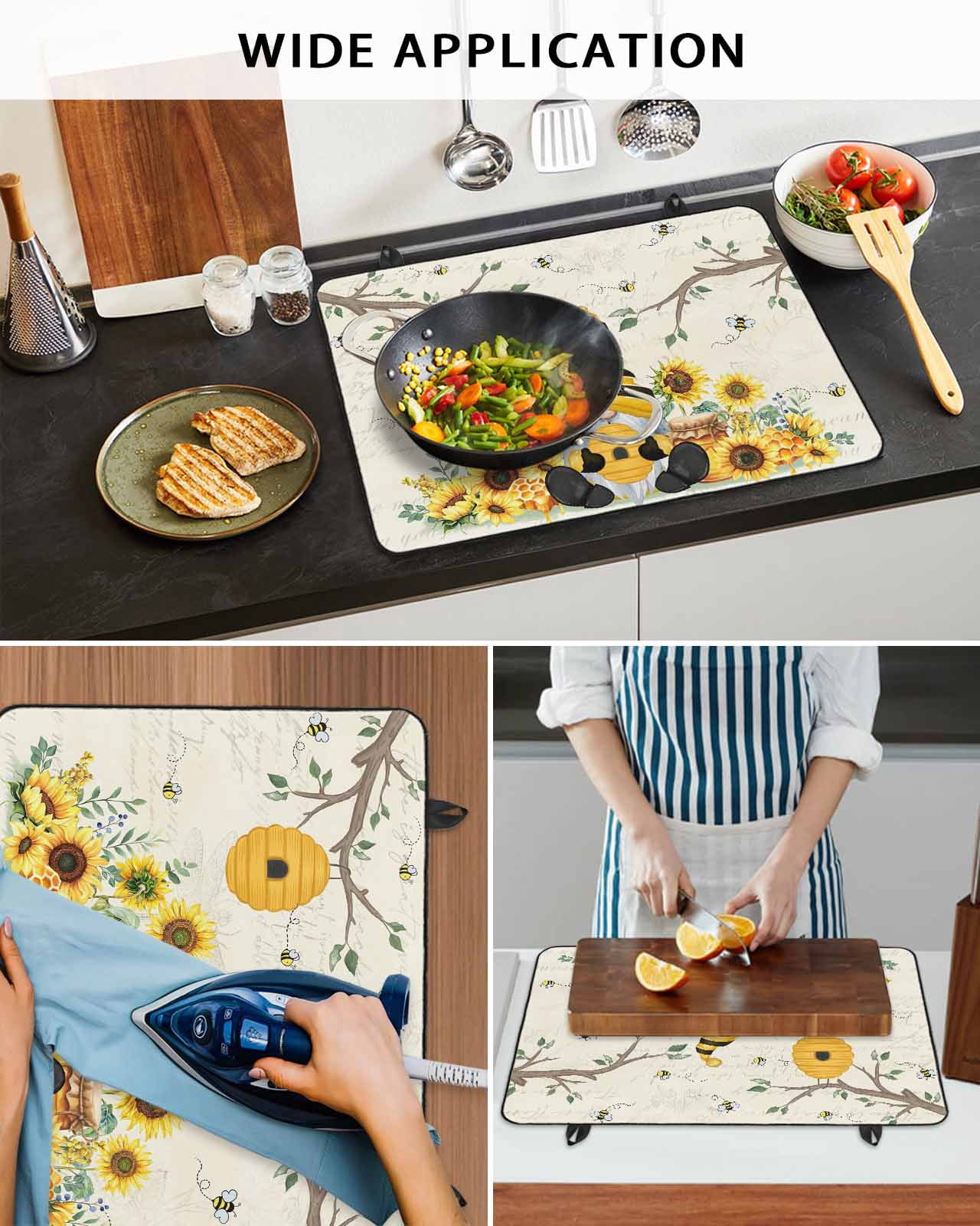 Large Induction Cooktop Protector Mat Gnomes Sunflower Stove Top Covers for Electric Stove, Bees Branches Floral Elegant Pastoral Decorative Stove Burner Cover Mats, Glass Top Stove Cover