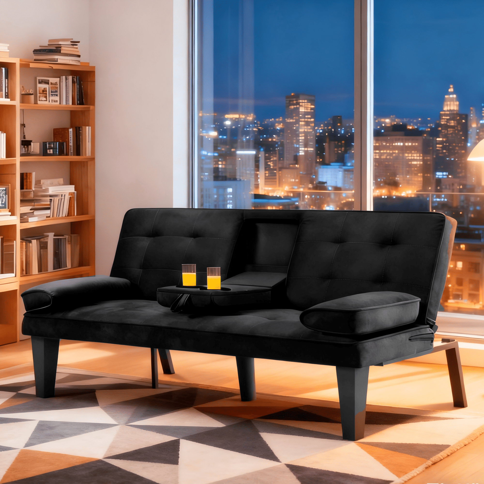 Gewnee 65''Futon Sofa Bed,3-Position Adjustable Folding Multi-Functional Sleeper Sofa with Cup Holder,Suitable for Living Room,Office and Guest Room.(Black)